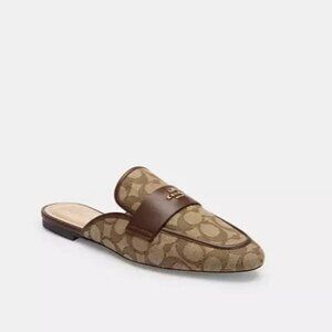 Coach Samie Slide-On Mule Flat Women's Size 6 Khaki Leather Signature Jacquard